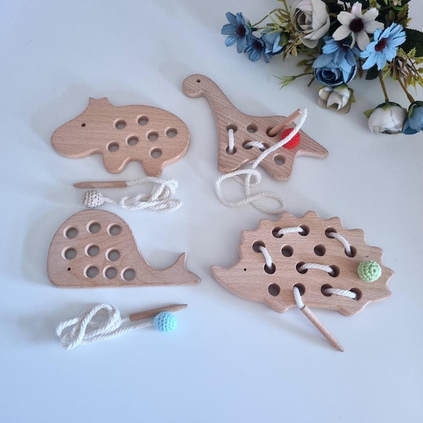 Montessori toys ,Toddler activity, Wooden lacing ,Wooden hippo,Dinosaur Wooden lacing ,Whale Toddler Gift ,Organic toy,Toddler activity