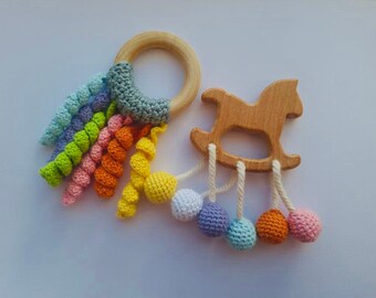 Wooden teether ring | wooden toy|set for toddlers |crochet rainbow teether | Montessori toys|