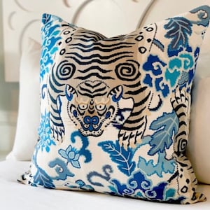 Decorative throw pillow cover Chinoiserie style , Throw pillow cushion with Tibetan tiger , Chinoiserie pillow lumbar