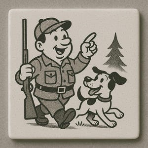 May include: Square ceramic tile featuring a vintage illustration of a hunter with a rifle, pointing, and a happy dog running alongside. The hunter wears a cap, uniform, and boots. A tree is in the background. The design is in shades of gray and black.