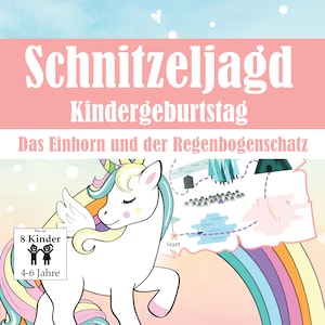 Einhorn Schnitzeljagd für Kinder, Schatzsuche zum Ausdrucken, Ideal für Kindergeburtstag, Vorlage mit Aufgaben, Rätseln und Fragen als PDF