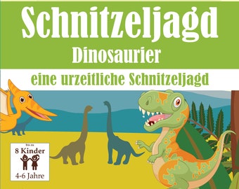 Dino Schnitzeljagd für Kinder, Schatzsuche zum Ausdrucken, Ideal für Kindergeburtstag, Vorlage mit Aufgaben, Rätseln und Fragen als PDF