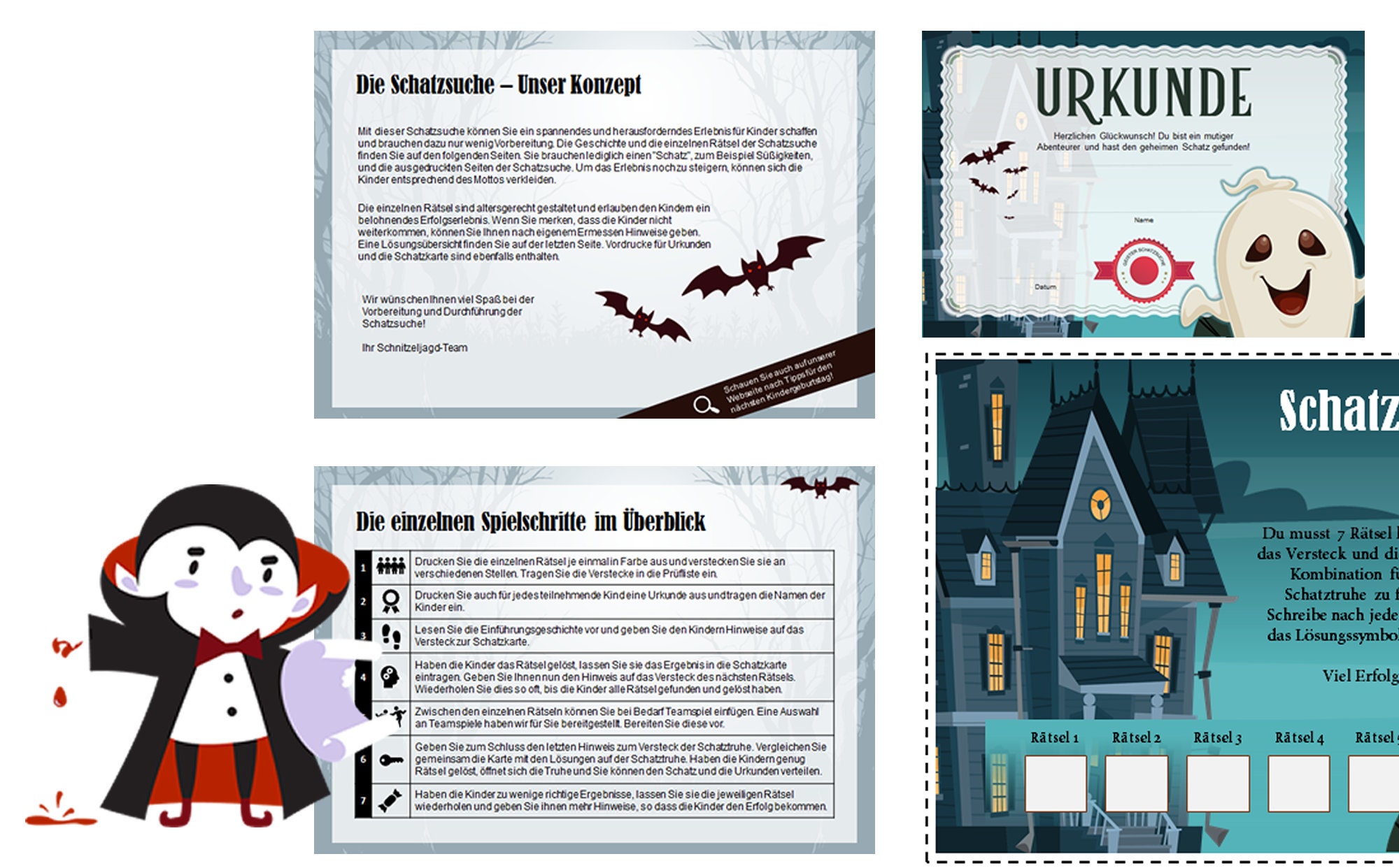 Halloween Schnitzeljagd für Kinder, Schatzsuche zum Ausdrucken, Vorlage