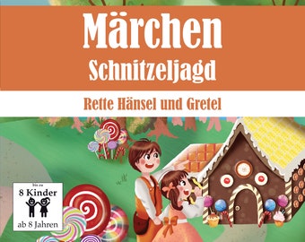 Hansel and Gretel fairy tale scavenger hunt for children, printable treasure hunt, for children's birthday parties, template with tasks, puzzles as PDF