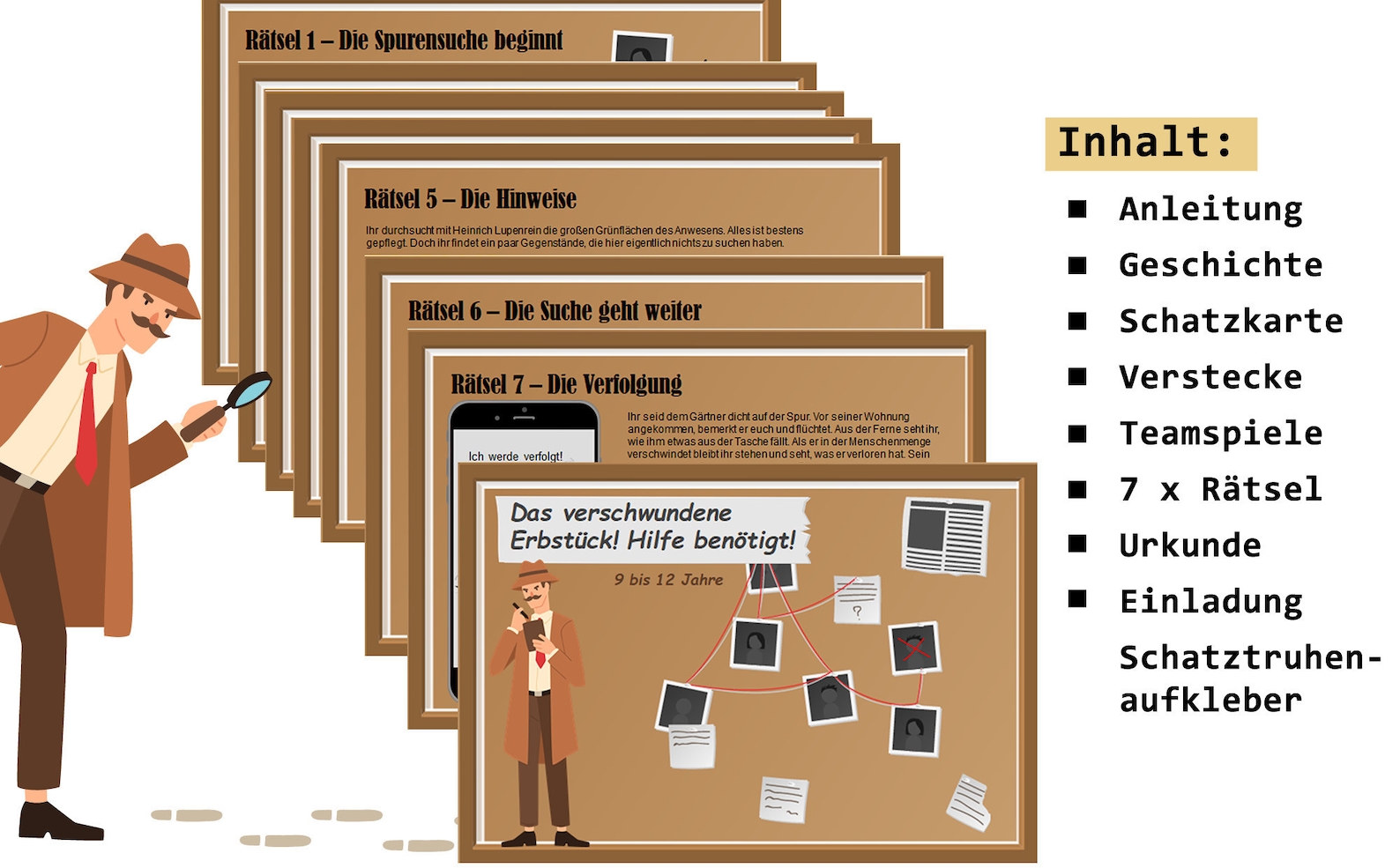 Krimi Schatzsuche für Kinder, Detektiv Schnitzeljagd zum Ausdrucken