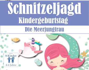 Meerjungfrau Schnitzeljagd für Kinder,Schatzsuche zum Ausdrucken,Ideal für Kindergeburtstag,Vorlage mit Aufgaben, Rätseln und Fragen als PDF