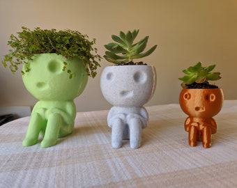 May include: Three small, 3D printed planters shaped like people, each with a different color and plant. The planter on the left is green with a leafy plant, the middle planter is white with a succulent, and the planter on the right is orange with a succulent.