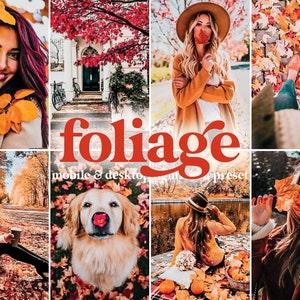 Puede incluir: Un collage de imágenes con temática otoñal. La palabra "foliage" está en letras rojas grandes. Las imágenes incluyen una mujer con hojas de otoño, un perro con nariz roja y una persona con sombrero y abrigo.