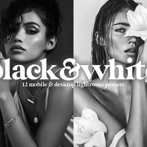 Puede incluir: Presets de edición de fotos en blanco y negro para Lightroom móvil y de escritorio. El texto "black & white" está en una fuente en negrita y estilizada. La imagen muestra a dos mujeres en blanco y negro.