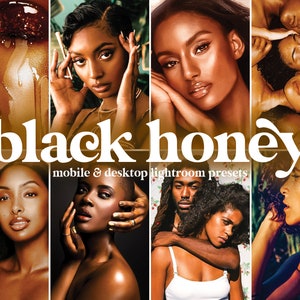 May include: A collage of images featuring people with dark skin tones, with a golden glow and honey-like tones. The text "black honey" is in the center of the image, with the words "mobile & desktop lightroom presets" below it.