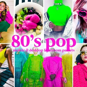 May include: A collage of images featuring bright colors and 80's fashion trends. The text "80's pop mobile & desktop Lightroom presets" is featured in the center of the collage.