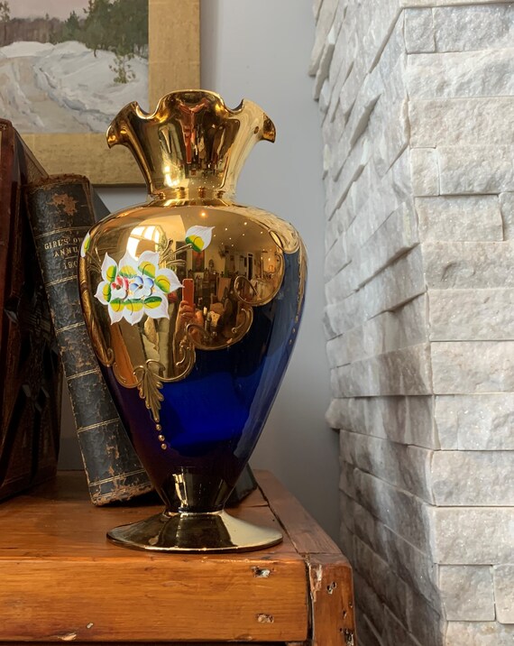 Buy Cristal T. Murano Hand Painted Cobalt Blue Vase With 22K Gold 