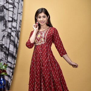 Indian Traditional Designer Rayon Printed Anarkali Long Kurta With Tassels Dress Set Gift For Her EXPRESS SHIPPING Special For WomenGirls