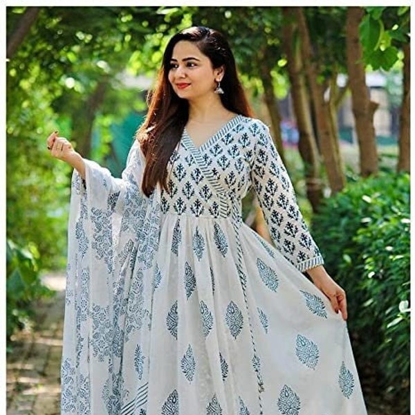 Women's Bohemian Designer Clothing Cotton block printed kalidar with side latkan kurti pant set and dupatta kurti set. Express Shipping.