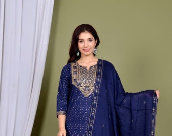 Femmes Indien Ethnique Kurti Pantalon Dupatta Ensemble Designer Séquence Travail Salwar Costume Imprimé Droite Bleu Couleur Kurti Pantalon Dupatta Diwali Spécial