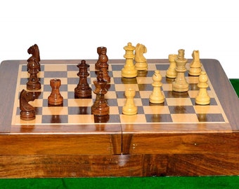 Pièces d’échecs en bois, jeu d’échecs en bois magnétique est fabriqué en bois de Sheesham et laqué en bois d’érable, échiquier pliant magnétique (10 x 10 pouces)