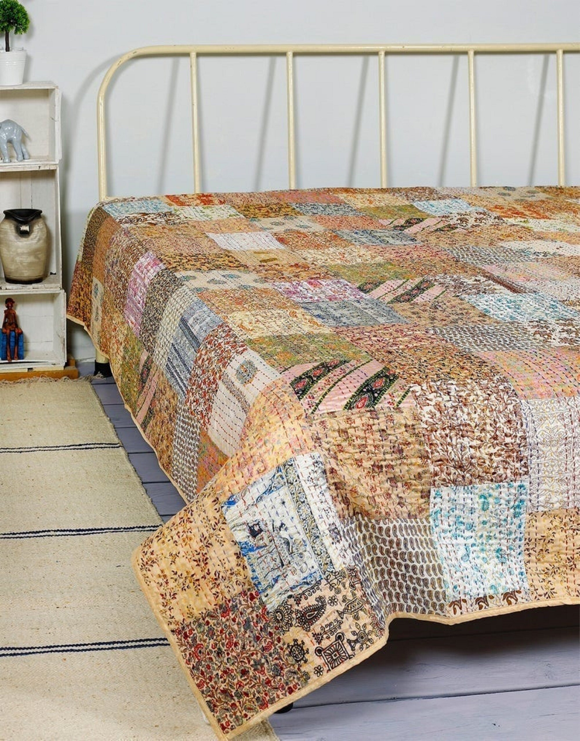 Indian Handmade Queen Cotton Kantha Quilt Throw Blanket Bedspread Throw Vintage 