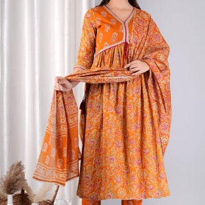 Women Embroidered Anarkali Pant With Dupatta Set, Kurta and Kurti Sets, Women Suits, Blue Women Suits, Indian Women Suits, Surprise Gift Orange