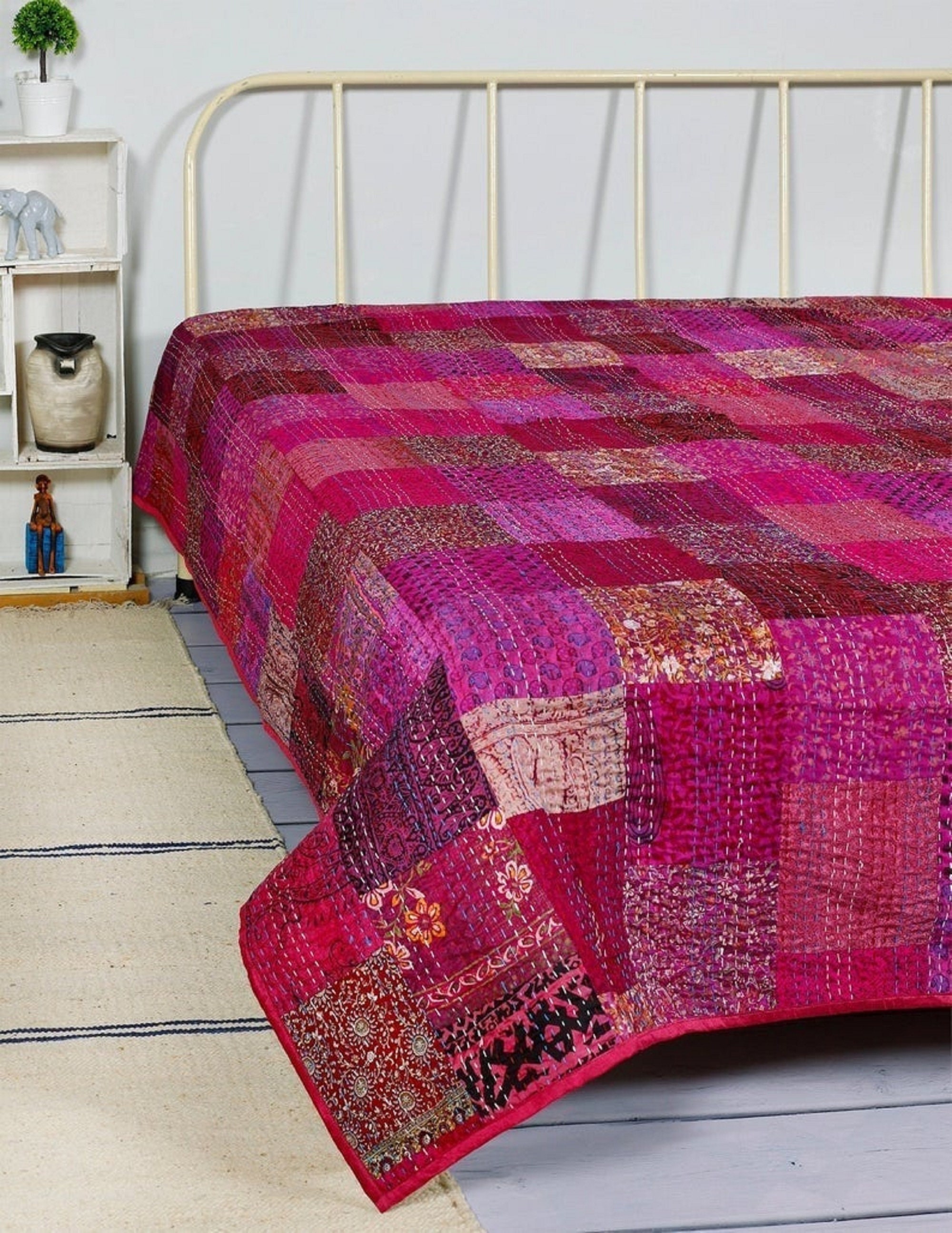 Bohemian Patchwork Quilt Kantha Quilt Handmade Vintage Quilts Etsy