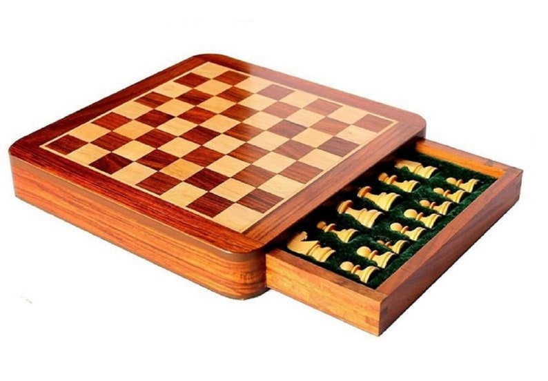 Handmade Drawer 12x12 Wooden Chess Storage Drawer Best Professional Flat Chess Game Board Set With Magnetic Pieces Storage.Christmas Gift. image 4