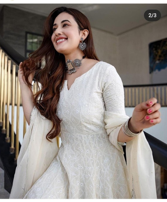 Indian Designer Full Flared Gown Women's Summer Cotton Salwar Kameez White  Suits | eBay