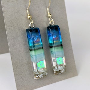 Aqua Green Clear Blue Dangle, Handmade Fused Dichroic Glass Earrings Sea Glass Look Beach Jewelry