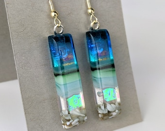 Handmade Dichroic Glass Dangle Earrings: Aqua Blue Beach Jewelry