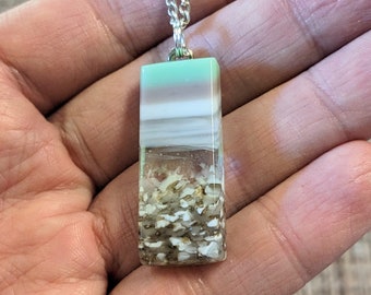 Jade Mint Green Gray Stripe Geometric, Fused Glass Necklace Sea Glass Style Pendant Jewelry