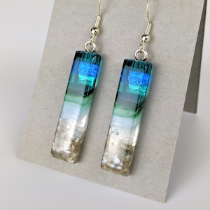 Aqua Green Clear Blue Dangle, Handmade Fused Dichroic Glass Earrings Sea Glass Look Beach Jewelry