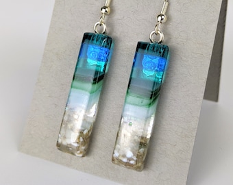 Handmade Fused Dichroic Glass Dangle Earrings: Aqua Sea Glass Jewelry