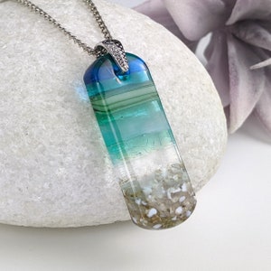 Aqua Turquoise Blue Seascape, Fused Glass Beach Necklace, Glass Pendant, Dichroic  Ocean Jewelry