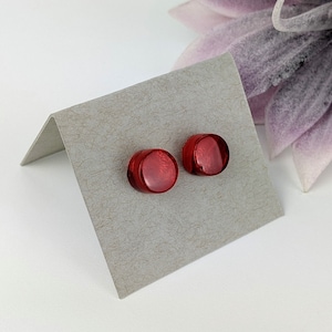 Bright Cherry Red Stud, Fused Glass Button Earrings, Unique Handmade Earrings, Tinted Dichroic Jewelry