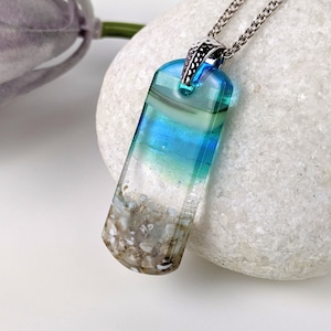 Aqua Turquoise Blue Seascape, Fused Glass Beach Necklace, Sandy Glass Pendant, Sea Glass Ocean Jewelry