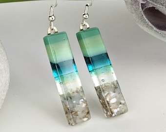Mint Jade Green Teal Clear Sea Glass Look, Fused Glass Dangle Earring Beach Jewelry