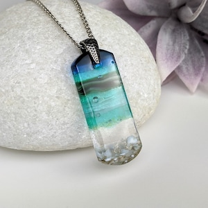 Aqua Turquoise Blue Seascape, Fused Glass Beach Necklace, Glass Pendant, Fused Glass Ocean Jewelry
