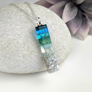 Aqua Turquoise Blue Seascape, Fused Glass Ocean Beach Seaglass Look Necklace, Dichroic Aquascape Pendant