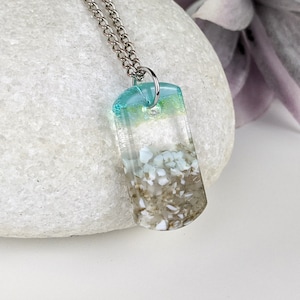 Aqua Turquoise Blue Seascape, Fused Glass Beach Necklace, Glass Pendant, Dichroic  Ocean Jewelry