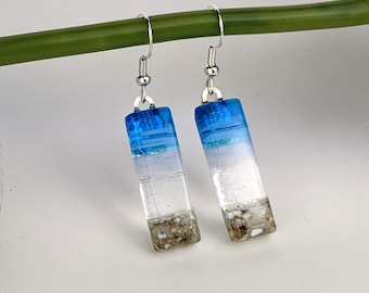 Blue Aqua White Clear, Sea Glass Look, Fused Glass Dangle Earring Beach Jewelry