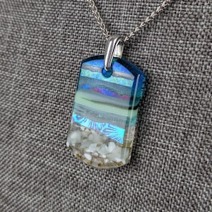 Aqua Turquoise Blue Seascape, Fused Glass Ocean Beach Necklace, Dichroic Aquascape Pendant image 7