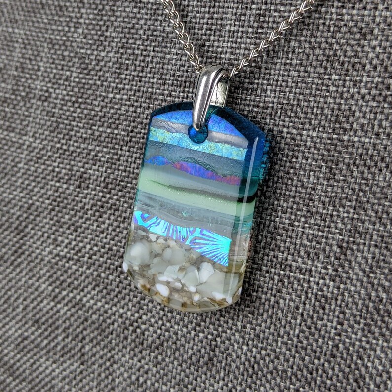 Aqua Turquoise Blue Seascape, Fused Glass Ocean Beach Necklace, Dichroic Aquascape Pendant image 7