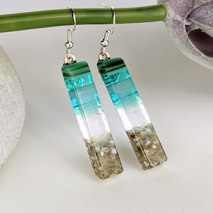 Aqua Green Clear Blue Dangle, Handmade Fused Dichroic Glass Earrings Sandy Beach Jewelry