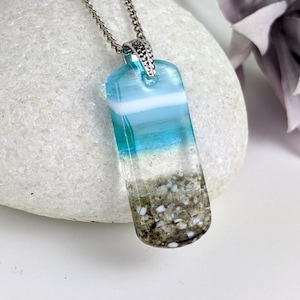 Aqua Turquoise Blue Seascape, Fused Glass Beach Necklace, Glass Pendant, Fused Glass Ocean Jewelry