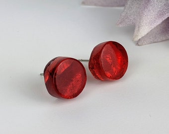 Bright Cherry Red Stud, Fused Glass Button Earrings, Unique Handmade Earrings, Tinted Dichroic Jewelry