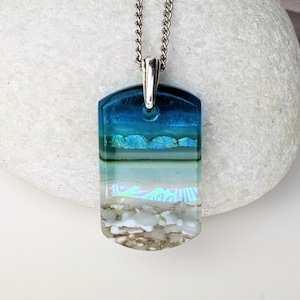 Aqua Turquoise Blue Seascape, Fused Glass Ocean Beach Necklace, Dichroic Aquascape Pendant image 6