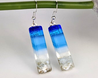 Fused Glass Dangle Earrings: Handmade Aqua Turquoise Beach Jewelry