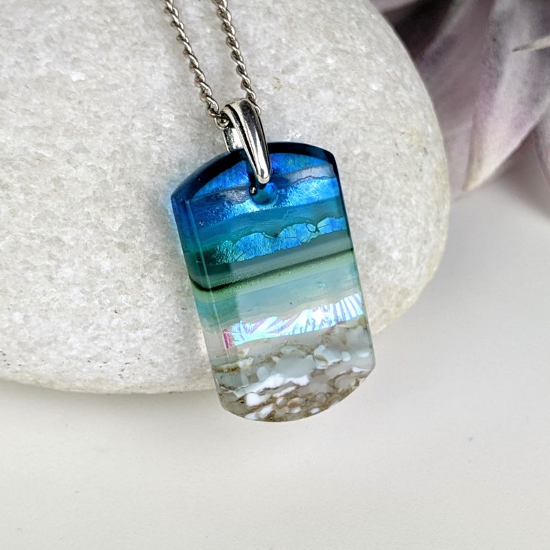 Aqua Turquoise Blue Seascape, Fused Glass Ocean Beach Necklace, Dichroic Aquascape Pendant image 2