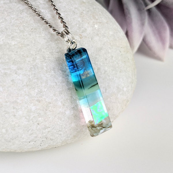 Aqua Turquoise Blue Seascape, Fused Glass Ocean Beach Seaglass Look Necklace, Dichroic Aquascape Pendant