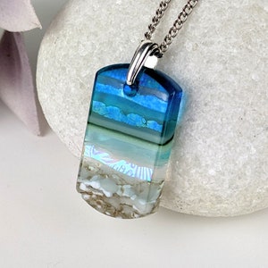 Aqua Turquoise Blue Seascape, Fused Glass Ocean Beach Necklace, Dichroic Aquascape Pendant image 1