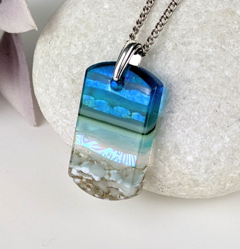 Aqua Turquoise Blue Seascape, Fused Glass Ocean Beach Necklace, Dichroic Aquascape Pendant image 1