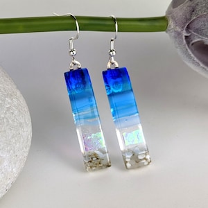 Aqua Turquoise Clear Blue Dangle, Handmade Fused Dichroic Glass Earrings Sea Glass Style Beach Jewelry